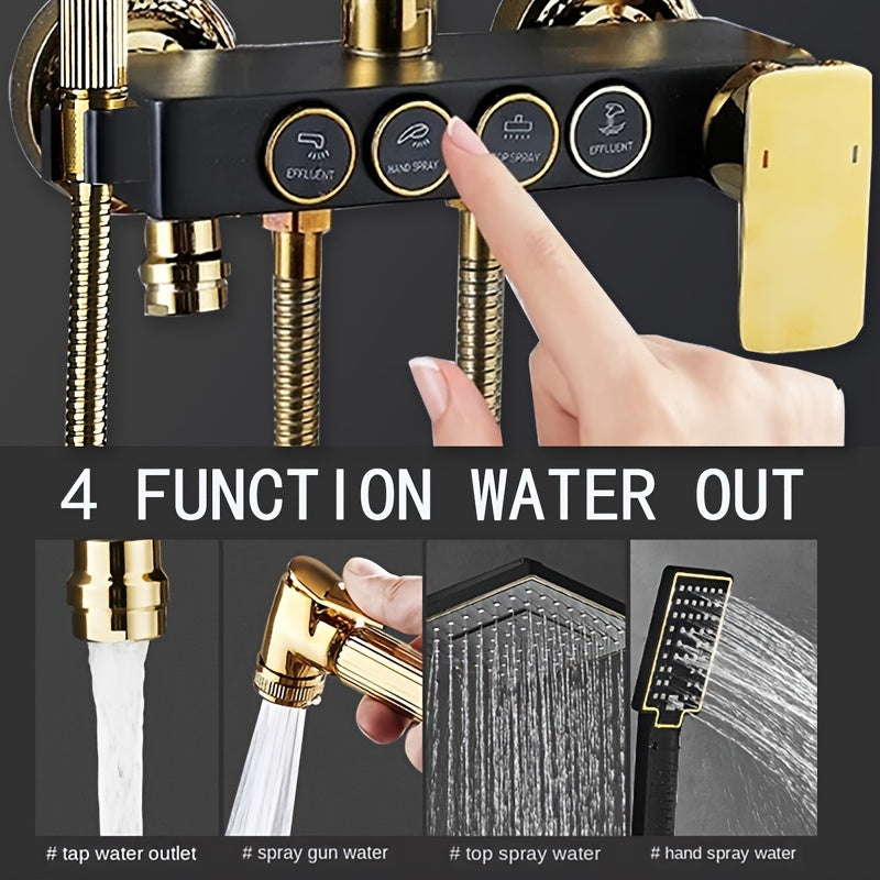 Modern black and gold bathroom shower system with rain showerhead, handheld, tub faucet, and hot/cold water mixer. Made of luxurious brass.