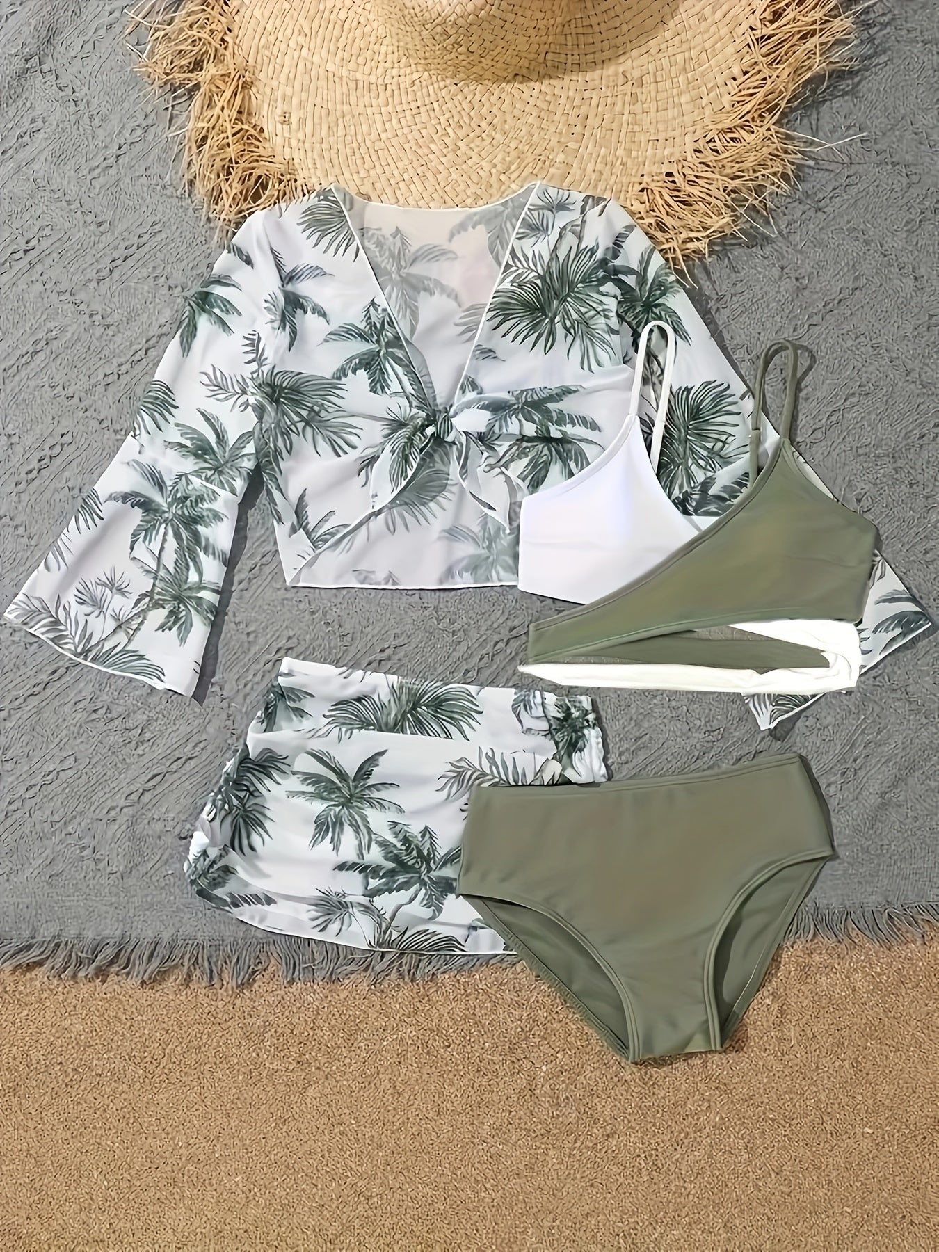 Coconut Tree Print 4-Piece Bikini Set with Layered Top, High Cut Panty, Cover Up Shirt, and Skirt Swimsuit - Women's Swimwear & Clothing