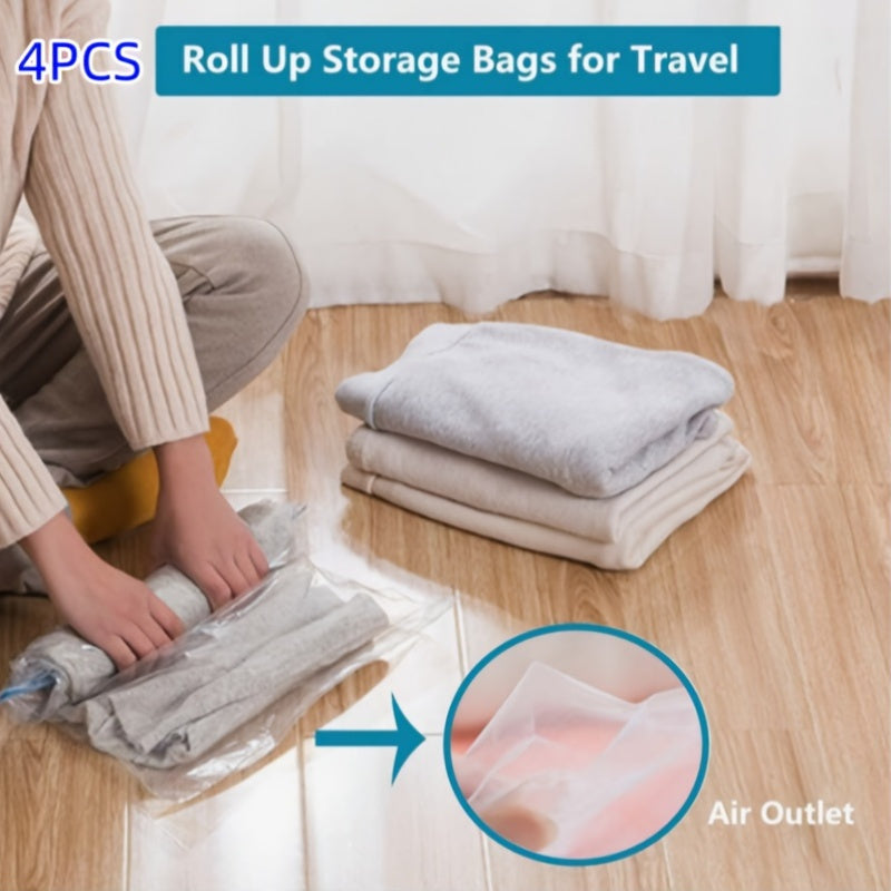 Space saving just got easier with our 4-Pack of Compression Storage Bags! These innovative bags do not require a pump, simply roll up to remove excess air and compress your clothes for maximum storage space. Perfect for organizing clothes, luggage, and