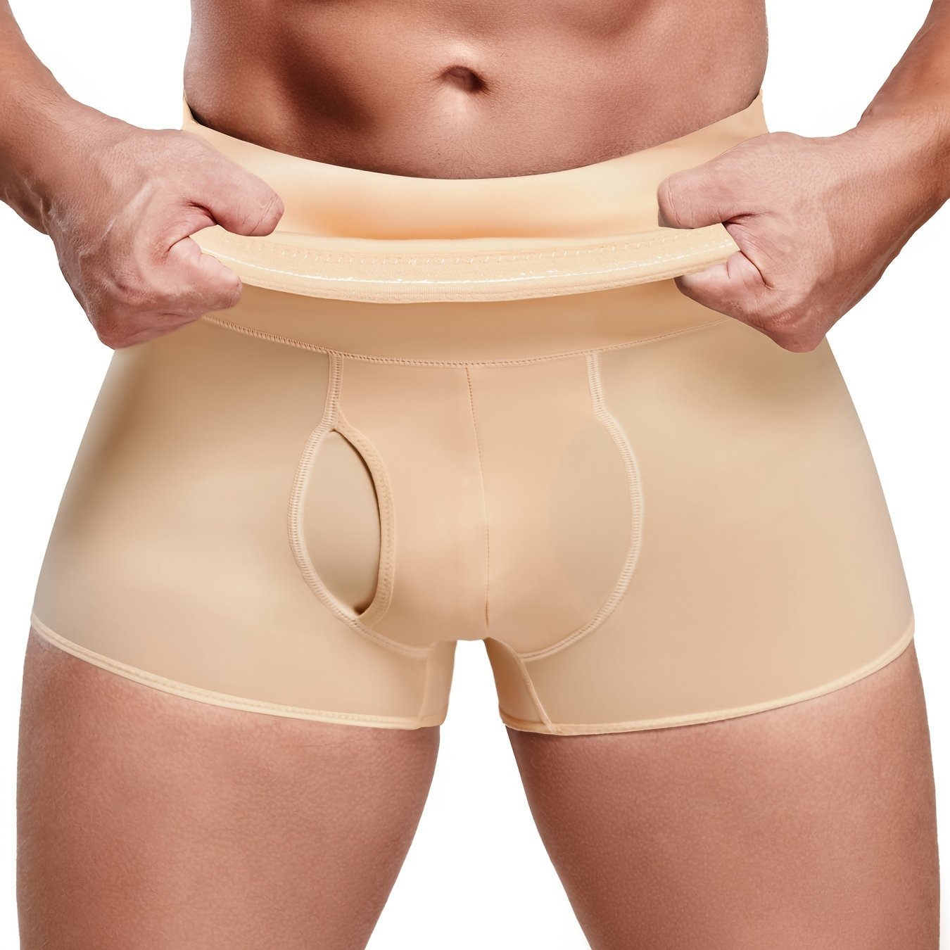 Junlan Men's High-Waist Slimming Shapewear Boxer Briefs in Beige offer tummy control, breathable nylon, seamless comfort fit, double-layer support for a trimmer waist and leg shape. Smooth