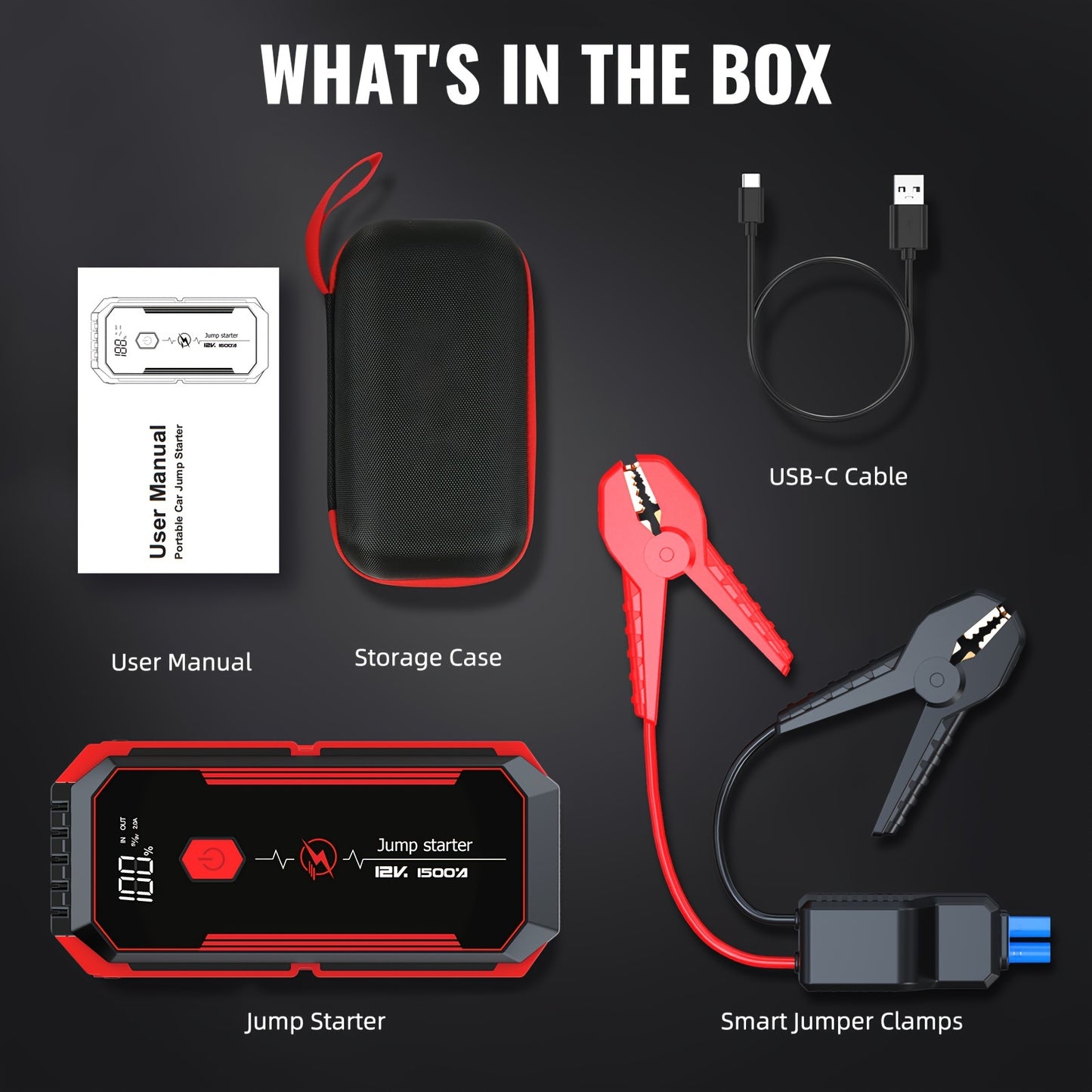 2500A Portable Car Jump Starter with fast charging, LED light, USB QC3.0, suitable for up to 8L gas & 7L diesel engines, and lithium polymer battery.