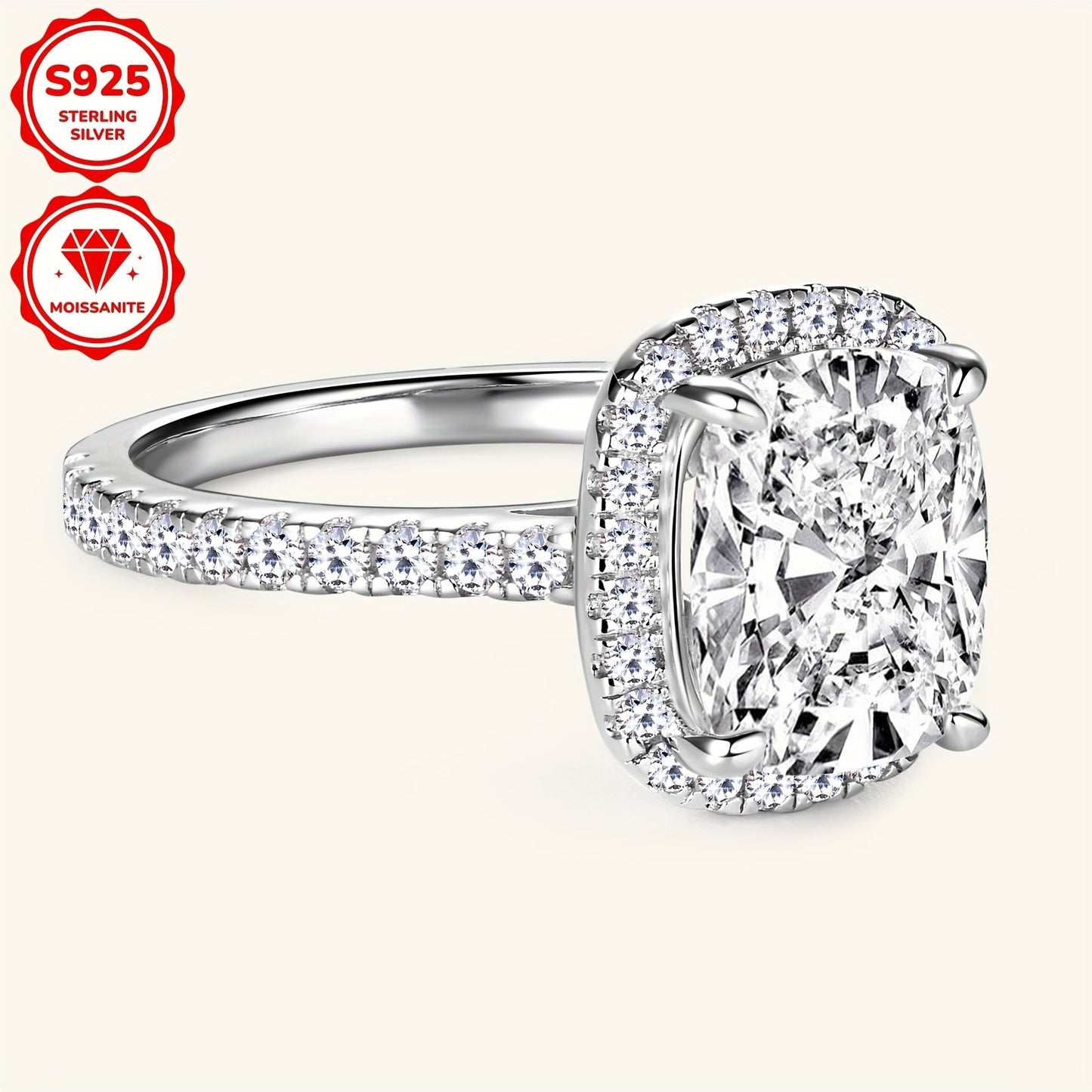 Elegant 4CT Moissanite Engagement Ring - US10 Size, VVS1 Clarity, D-E Color, 925 Sterling Silver with Halo Diamond Setting & Cubic Zirconia Side Stones, High-Polished, Ideal for Weddings & Anniversaries.