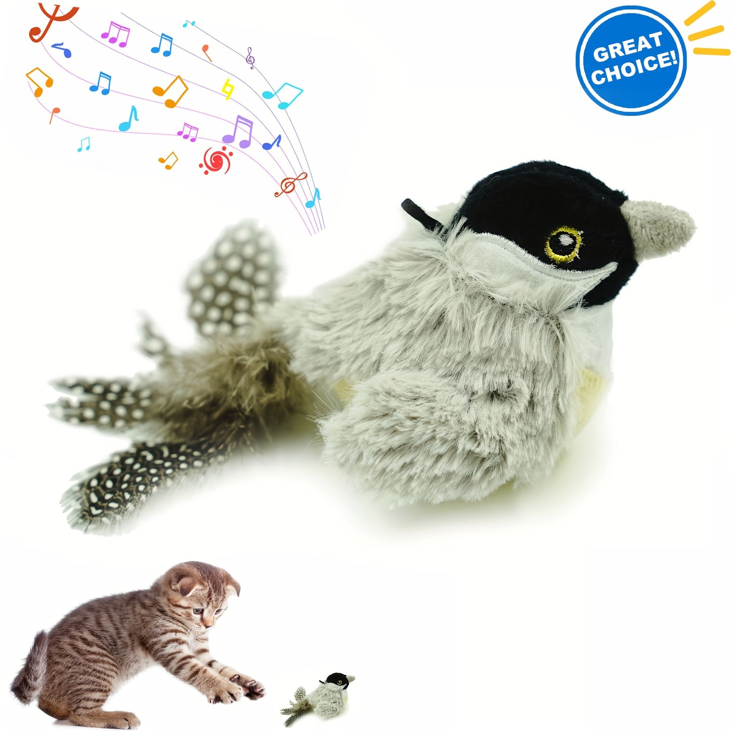 Sparrow-shaped fabric pet toy with animal print, battery-operated. Safe button battery for interactive play with cats of all sizes.