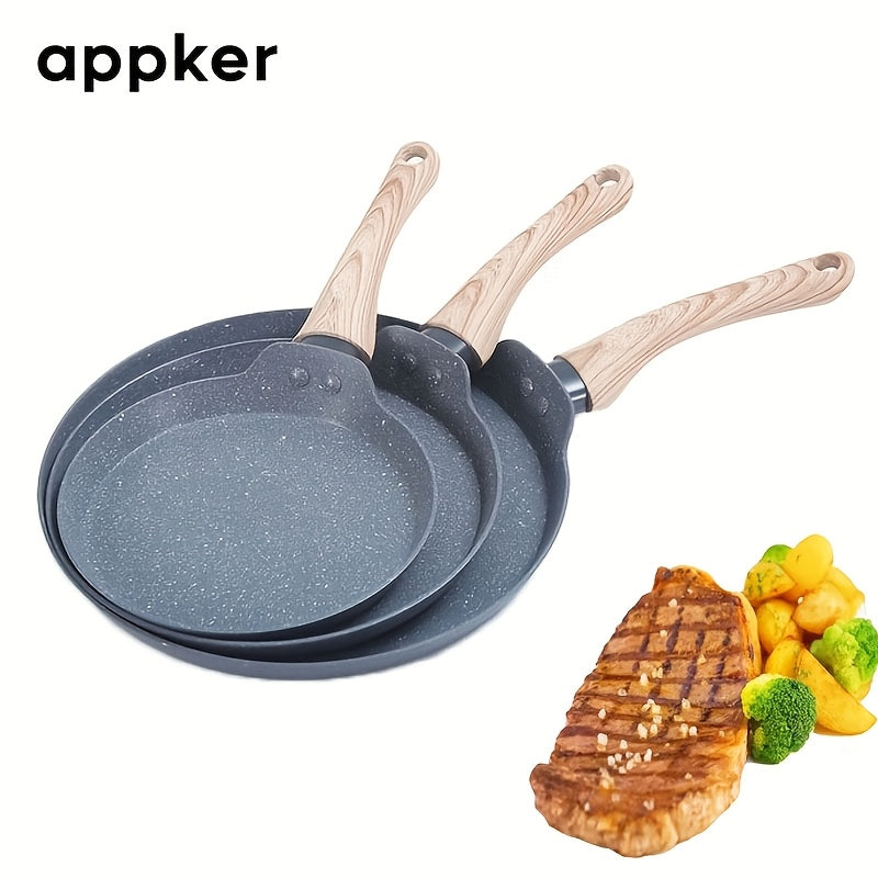 Set of 3 Appker Non-Stick Cast Iron Frying Pans, Dishwasher safe and suitable for Gas Stove & Induction Cooker. Perfect for cooking Steak, Pancakes and other kitchen essentials. Great addition to your household kitchen gadgets. Celebrate Spring Festival