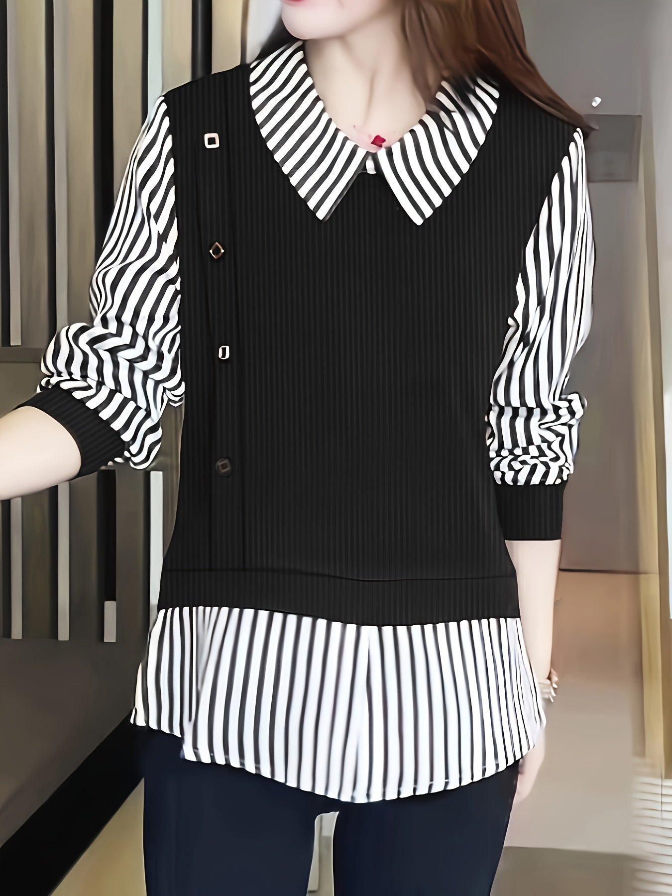 Stripe Print Faux Twinset Blouse for Spring & Summer, Women's Casual Three-quarter Sleeve Top.