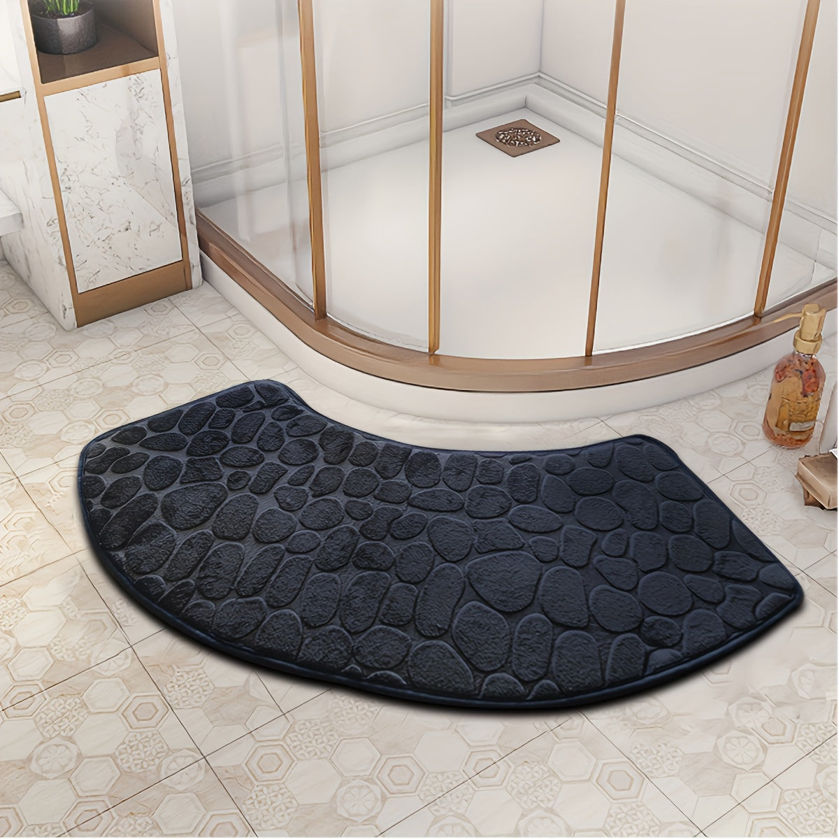 Half Round Bath Mat with Quick-Dry Absorbent Technology, Non-Slip PVC Backing, Made of Polyester with Low Pile and Machine Washable, Features Embossed Floral Design