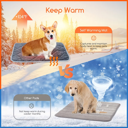 Self-warming pet mat for dogs and cats, with diamond pattern and anti-slip features, suitable for small to large breeds. Ideal for indoor/outdoor use in autumn and winter, washable.