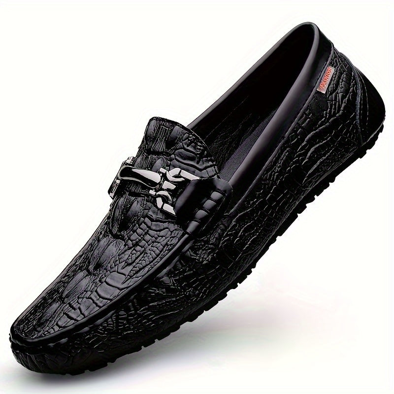 Crocodile pattern loafers for men with slip-on style and PU upper, perfect for various occasions and all seasons.