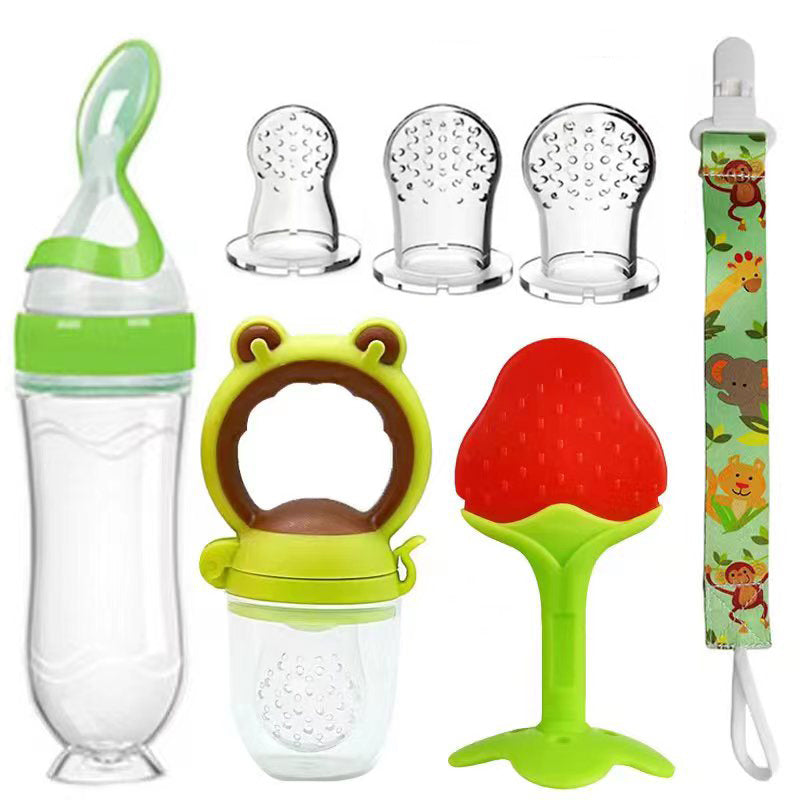 Baby Feeding Set includes 7 Pieces: Silicone Feeding Bottle with Spoon, Squeeze Baby Food Dispensing Spoon Feeder, Fresh Food Feeder Pacifier, Strawberry Teether, Pacifier Chain Clips Holder, and 3-Size Nipples. Perfect for Halloween, Thanksgiving, or