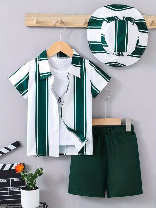 3-piece casual summer outfit for boys includes striped shirt, pocket shorts, and hat.