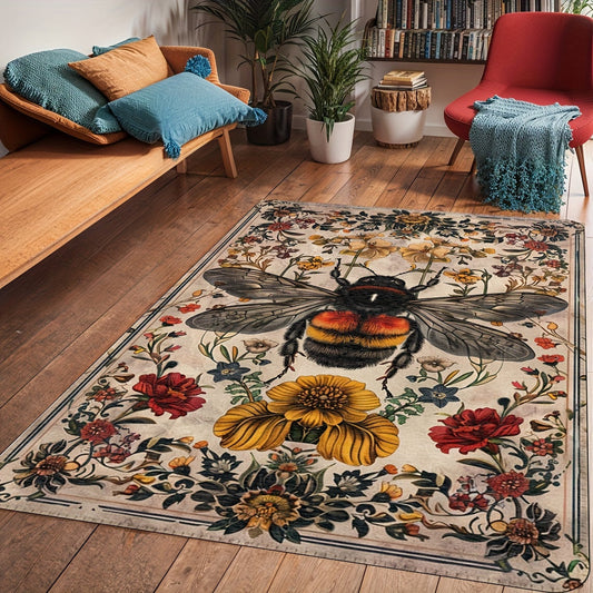 1 Piece Vintage Bee Design Soft Non-Slip Area Rug - Stain Resistant, Machine Washable for Living Room & Kitchen Decoration