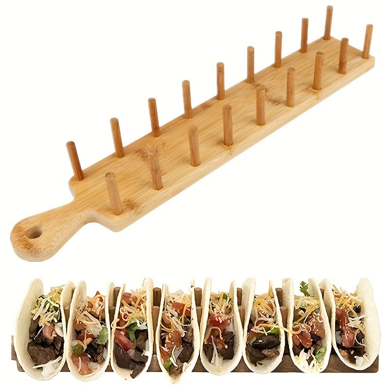 Wooden Taco Holder tray holds 8 soft or hard shell tacos, also suitable for tortillas and burritos. Made of bamboo, can be used as a kitchen organizer tool.