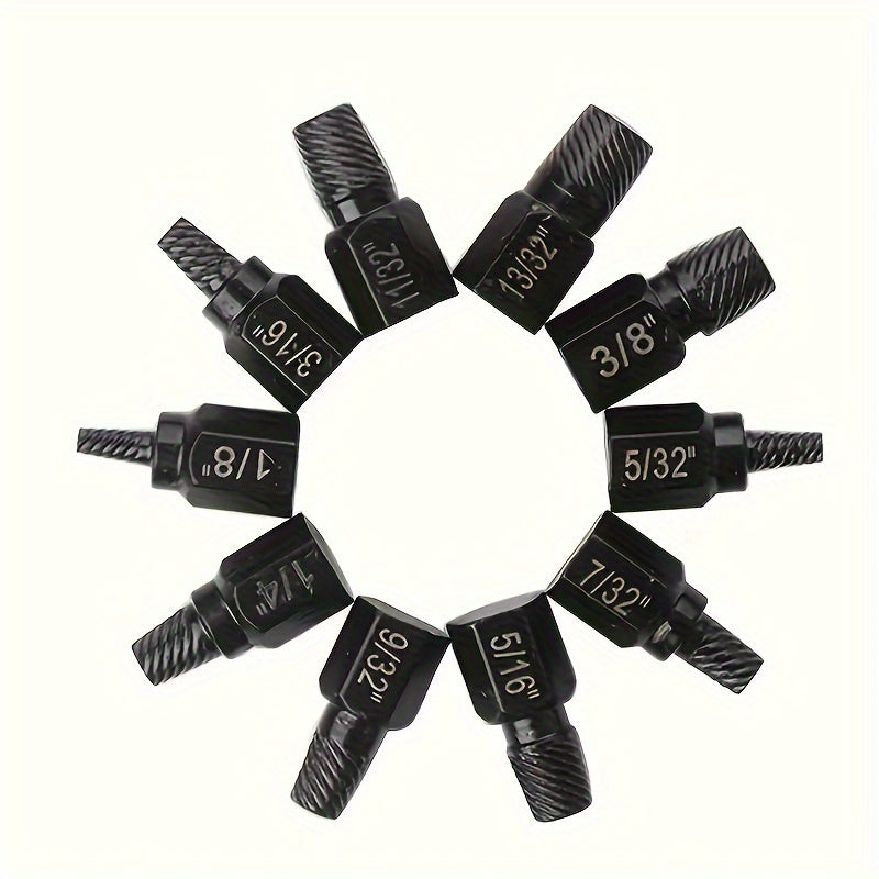 10-piece screw extractor set for damaged screws, bolts, and studs, made of alloy steel.