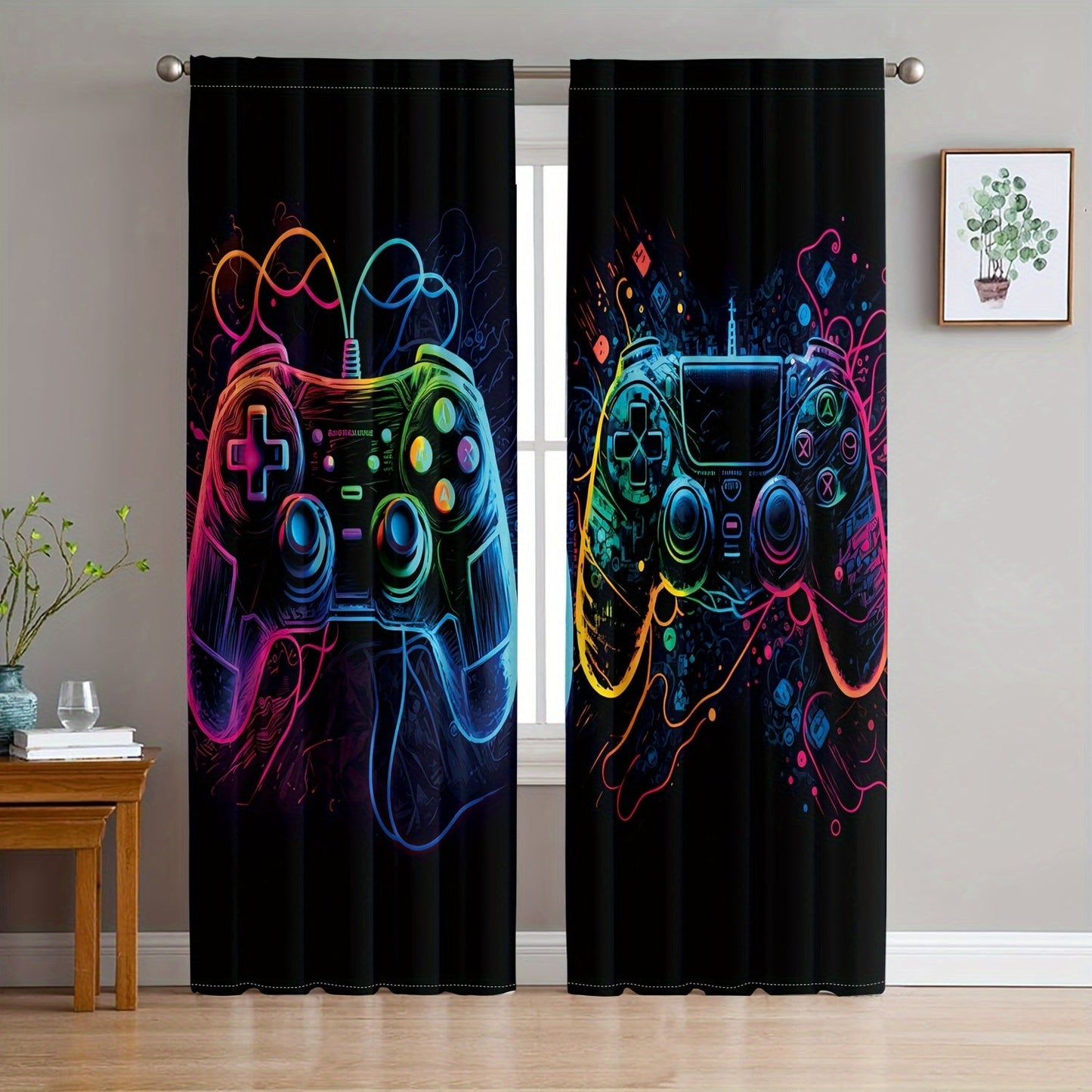 Two player game controller design living room curtain screen-printed with a colorful game console pattern. This semi-transparent curtain provides privacy and is suitable for both the bedroom and living room.