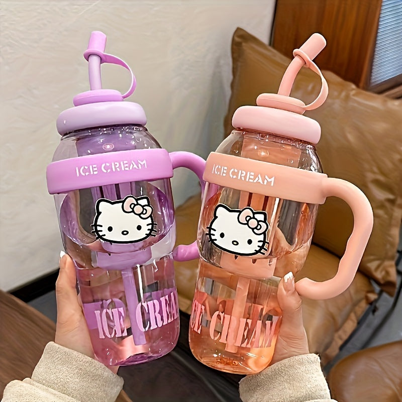 Large Sanrio Hello Kitty water bottle with straw, ideal for sports, office, camping, home, and school use. Made from high-temperature resistant PET plastic.