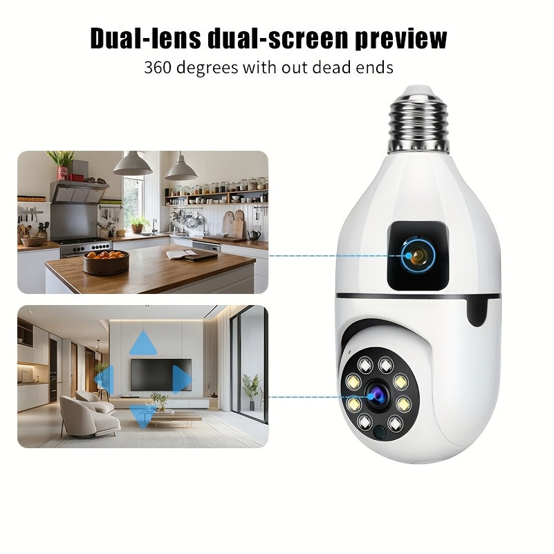 Experience ultimate peace of mind with the YIIYRY 1pc 1080P Dual Lens Smart Security Camera. Featuring night vision, two-way audio, remote viewing via smartphone, Wi-Fi connectivity, USB power options, and cloud/SD card storage. Take control with pan and