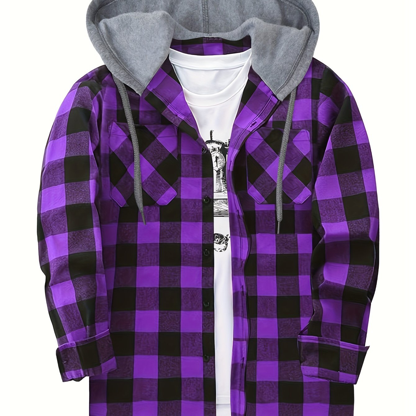 Men's plaid hooded shirt jacket with long sleeves and a regular fit.