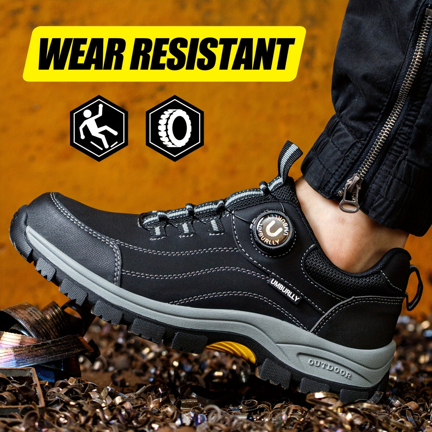 Breathable low top work shoes with rotary buckle, steel toe, and protective design for all seasons outdoor work. Anti-smashing.