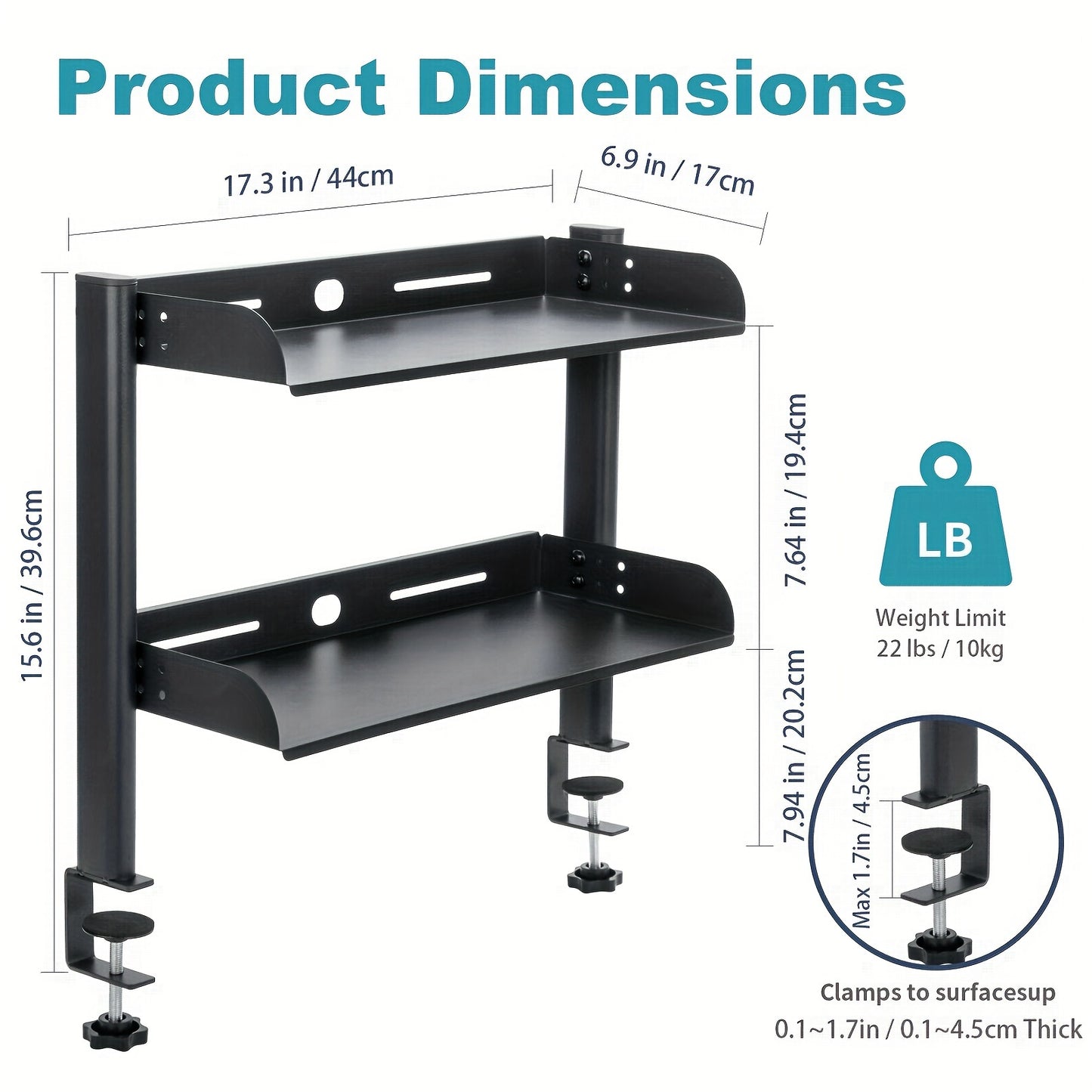 Adjustable clamp-on desk organizer, 43.18cm, dual-layer metal side table for office supplies & accessories.