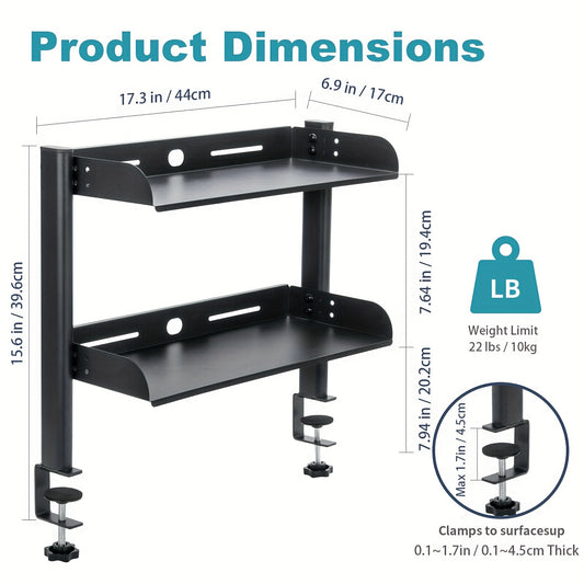 Adjustable clamp-on desk organizer, 43.18cm, dual-layer metal side table for office supplies & accessories.