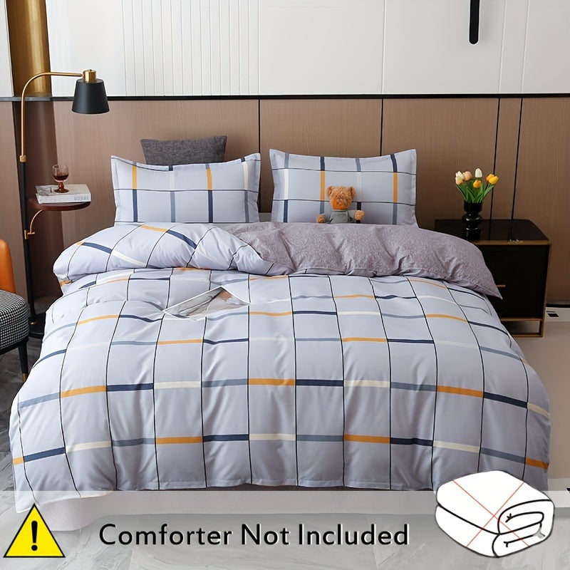 4-piece elegant plaid bedding set made of soft skin-friendly polyester, machine washable. Includes a duvet cover, counterpane, and 2 pillowcases. Suitable for all seasons with a