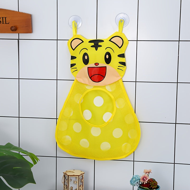 Adorable frog and duck hanging storage bag with suction cups. Made of lightweight PVC and polyester mesh. Mounts on wall for bathroom accessories, toys, and more. Green and yellow. Perfect bathroom organizer.