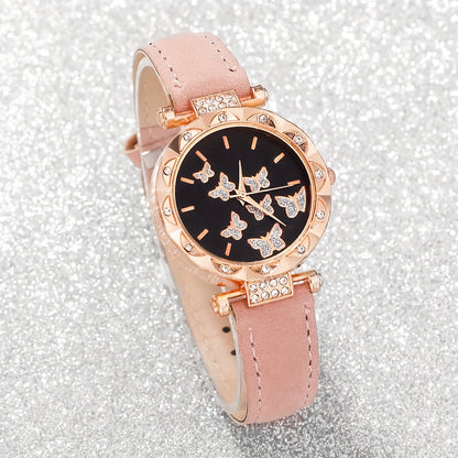 6-piece women's fashion watch set with a sweet pink butterfly quartz timepiece, round case, PU leather strap, zinc alloy case, non-rechargeable battery. Includes bracelet, earrings