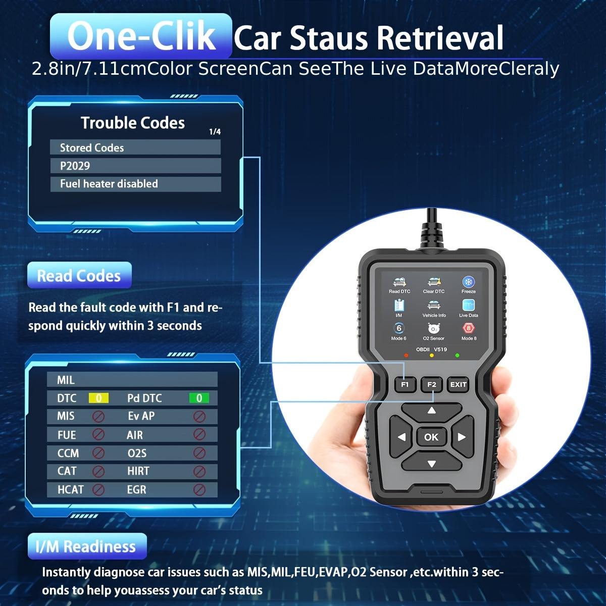 Professional OBD2 diagnostic scanner tool for cars since 1996, USB powered, with engine fault detector, code reader, battery tester, and code eraser. Supports 10 languages and all OBD II