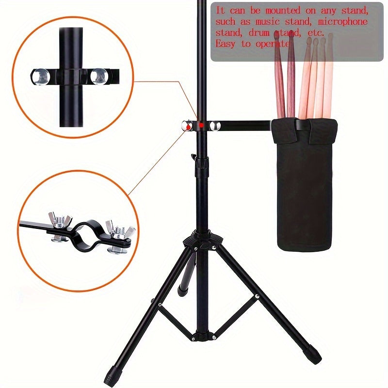 Drumstick Storage Bag with large capacity and durability. Easily attaches to drum, music, or microphone stands.