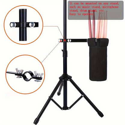 Drumstick Storage Bag with large capacity and durability. Easily attaches to drum, music, or microphone stands.