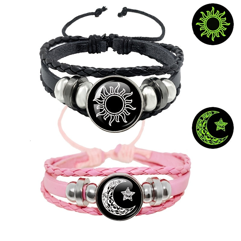 Set of 2 glow-in-the-dark Sun and Moon charm bracelets made of faux leather rope, perfect for couples, men, and women. Ideal gift for girlfriend or party.