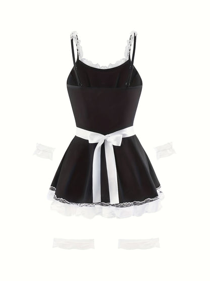 Sexy maid role-play costume with lace details, strappy slip dress for women's lingerie.