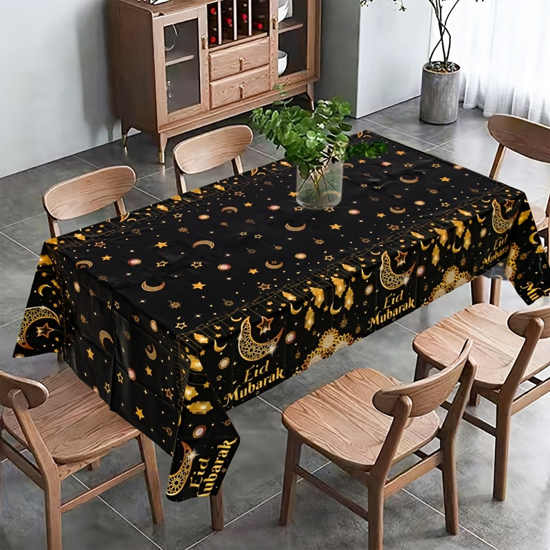 1pc Eid Mubarak tablecloth with black golden moon star lantern design, made of plastic PE, measuring 130x220cm. Perfect for Ramadan, Eid Al-Fitr, Islamic Muslim party decor, and Eid Al Adha