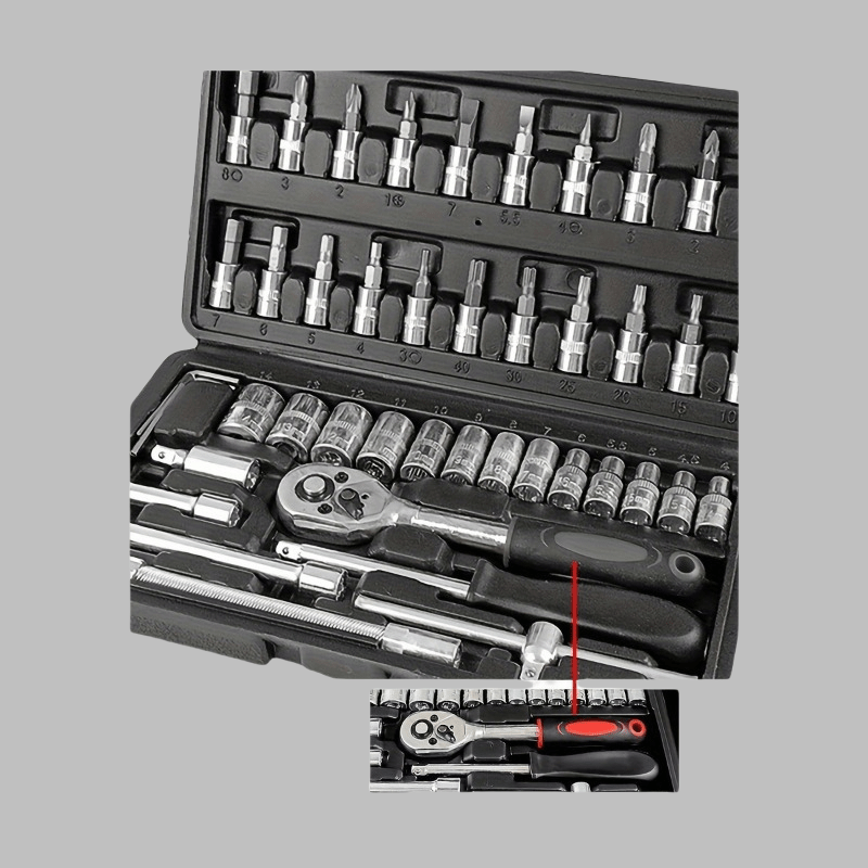 46-piece auto repair tool set with carbon steel ratchet wrench sockets in a durable metal tool box, ideal for mechanics and DIY enthusiasts.