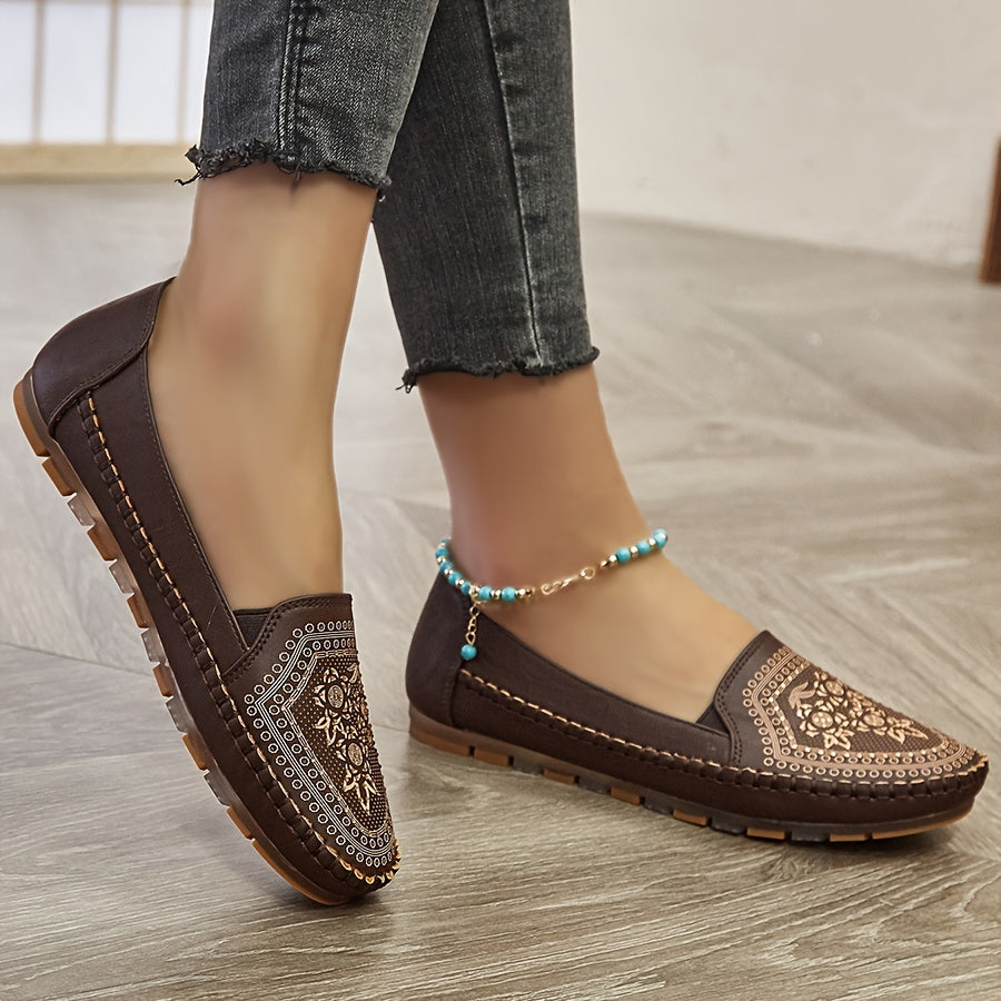 Elegant slip-on flats for women in brown faux cover with floral pattern and sequin accents. Comfortable soft sole, versatile for all seasons, perfect for mature style.