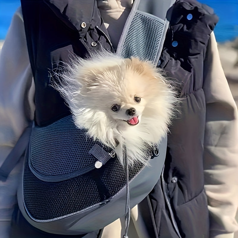 Zippered dog sling carrier for travel with breathable mesh, perfect for outdoor adventures with your puppy or cat.