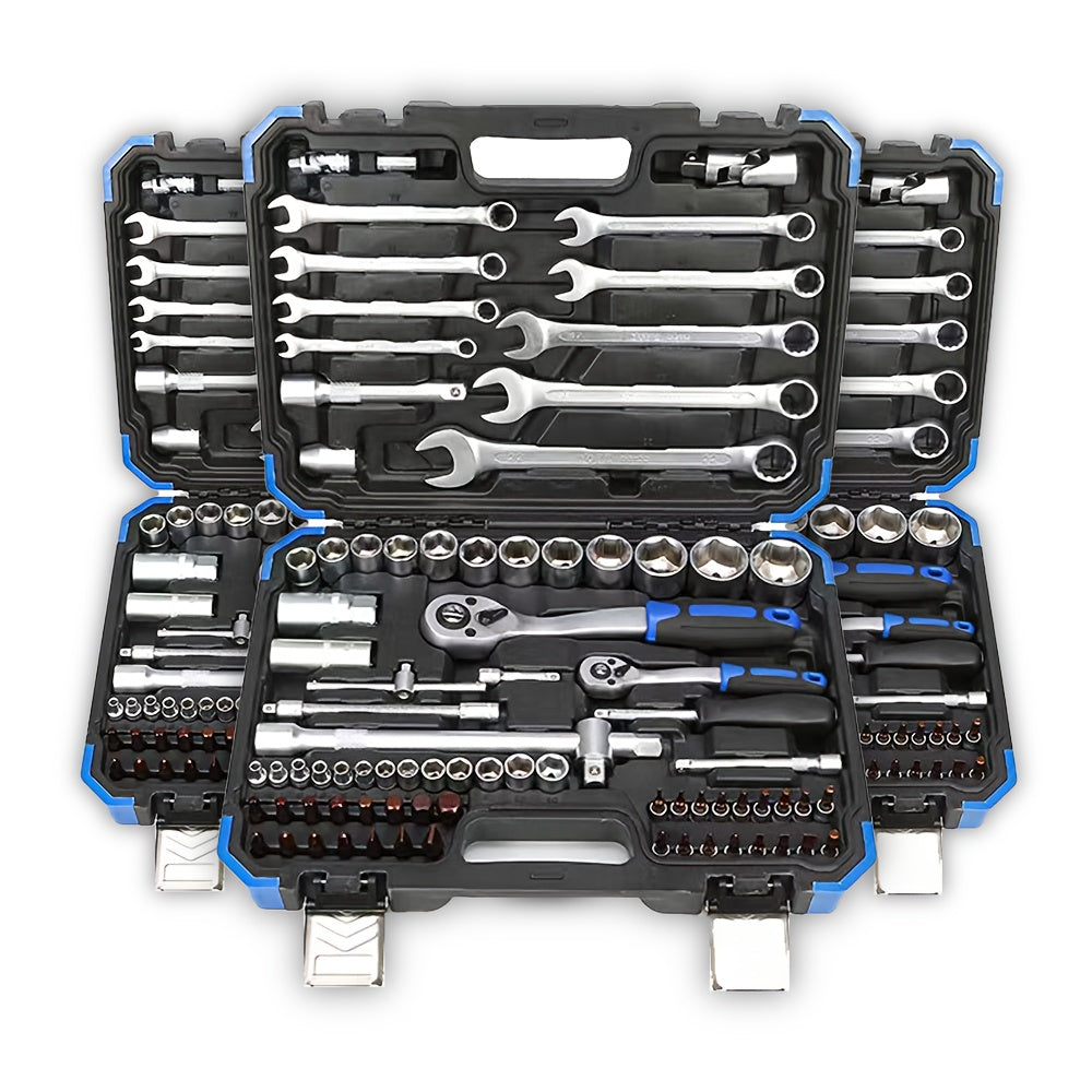 High-end Professional 53&46pcs 1/4 inch Drive Tool Set for automotive and home repair, includes ratchet wrench, metric sleeves, and extension bar with storage box.