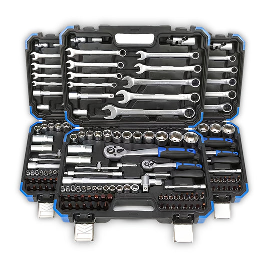 High-end Professional 53&46pcs 1/4 inch Drive Tool Set for automotive and home repair, includes ratchet wrench, metric sleeves, and extension bar with storage box.