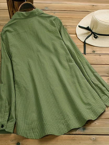 Spring collection: green striped long sleeve women's shirt with button detail - casual yet chic, 100% polyester, machine washable, versatile top with chest pocket.