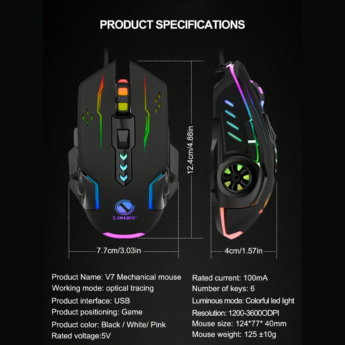 V7 Mechanical Gaming Luminous Wired Mouse for Laptop or Desktop Computer, ideal for E-Sports gaming and office use.