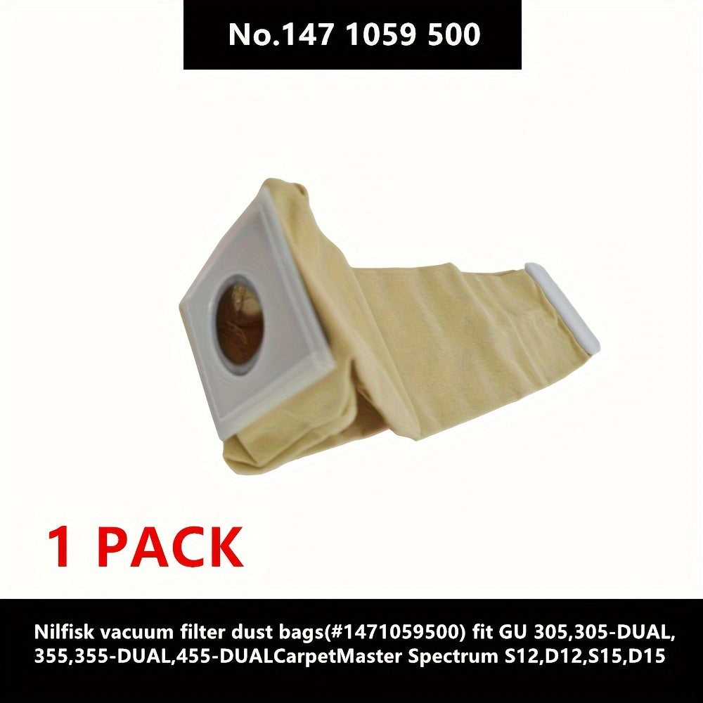 Compatible with Nilfisk GU 305, 305-DUAL, 355, 355-DUAL, 455-DUAL CarpetMaster Spectrum S12, D12, S15, D15 vacuum cleaner parts, this HEPA filter dust bag is a replacement for #1471059500 vacuum cleaner.