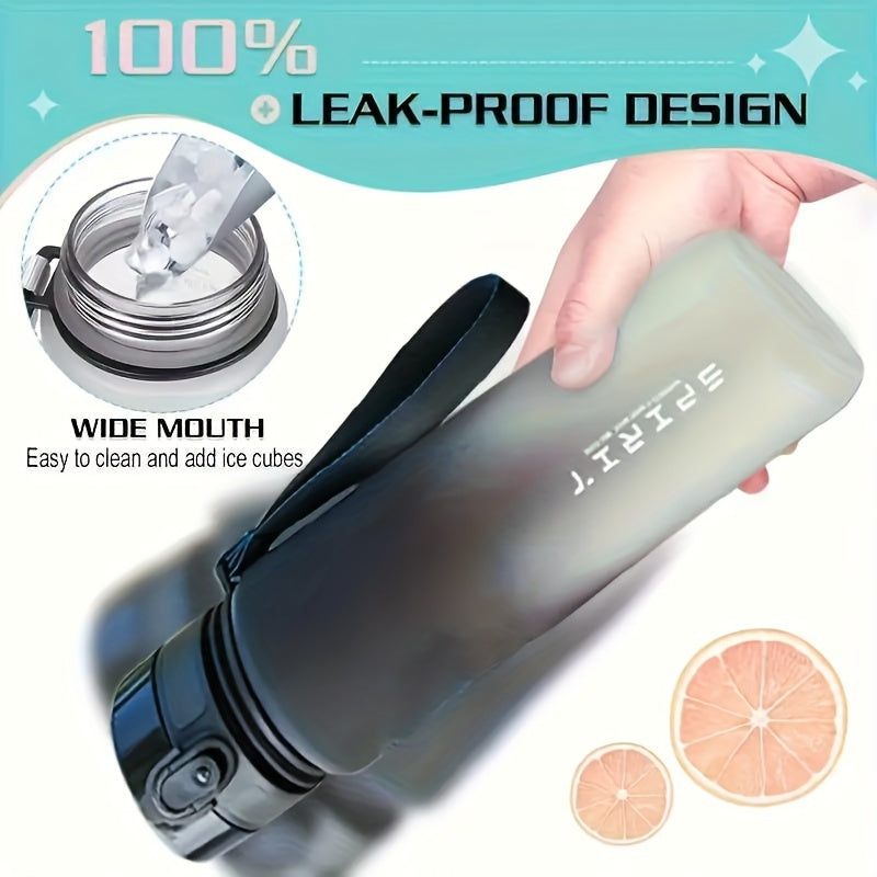 Leakproof water bottle with time marker and carrying strap.