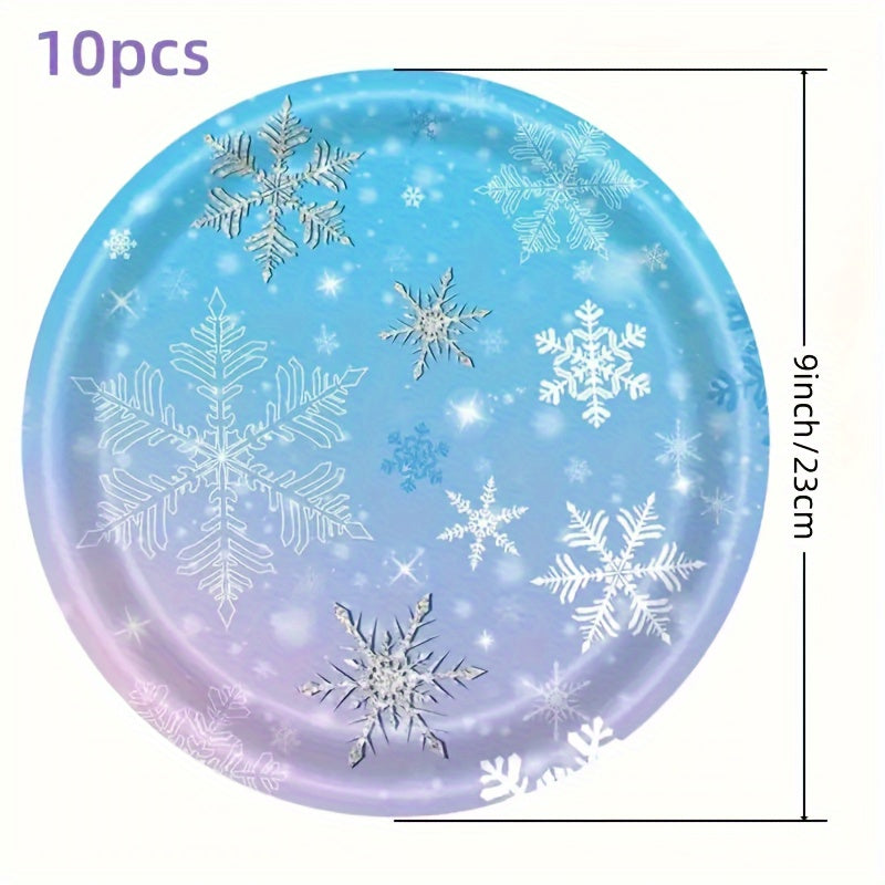 Frozen themed party tableware for 10 guests, including snowflake plates, cups, napkins, and dinnerware set. Perfect for a holiday birthday party or Christmas winter wonderland celebration. Ideal for Frozen birthday party decorations.