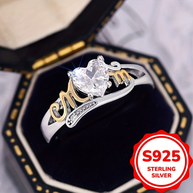 Heart-shaped zirconia ring in sterling silver with MOM lettering, featuring a 4-prong setting in a vintage sexy style. Perfect for all seasons, this ring makes a great Mother's Day gift. It also includes a synthetic gemstone representing April's