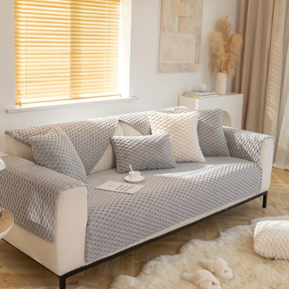 Modern sofa slipcover is stylish and pet-friendly, non-slip for all seasons, fits single to four-seater sofas, machine washable, includes square cushion, backrest, and armrest.