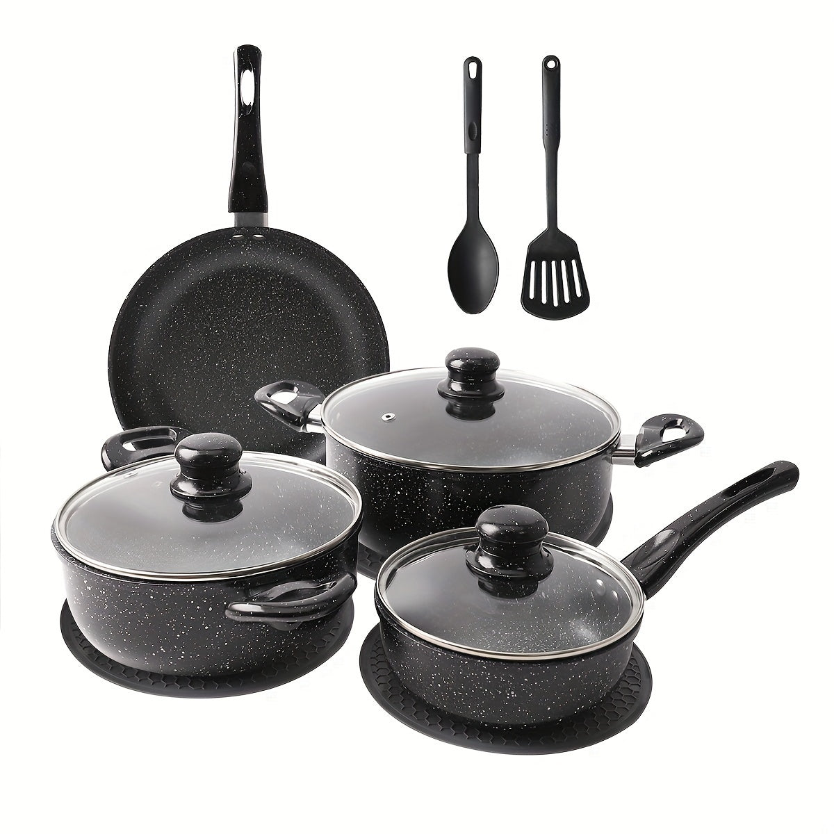 Complete set of kitchen cookware, including a large capacity aluminum soup pot with double ears, non-stick frying pan with long handle, steak pan, household soup spoon, frying spatula, and other essential cooking accessories.