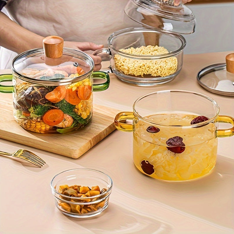 1.5L Glass Simmer Pot - Heat-resistant, stovetop & microwave safe, dual yellow handle, transparent cooking pot for soup, milk, porridge, and more - Durable, non-toxic, and easy to clean.