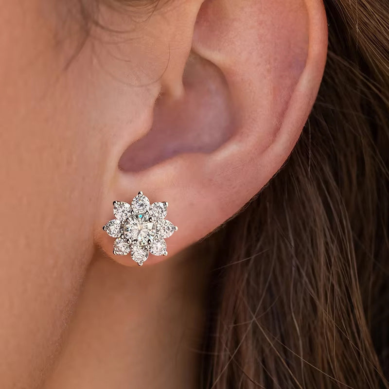 Elegant Spark Grow Moissanite Flower Earrings crafted from 925 Sterling Silver. These hypoallergenic earrings are perfect for all seasons and can be worn daily or for special occasions. Each pair comes in a beautiful gift box and weighs 3.1/4.2/6/6.6g.