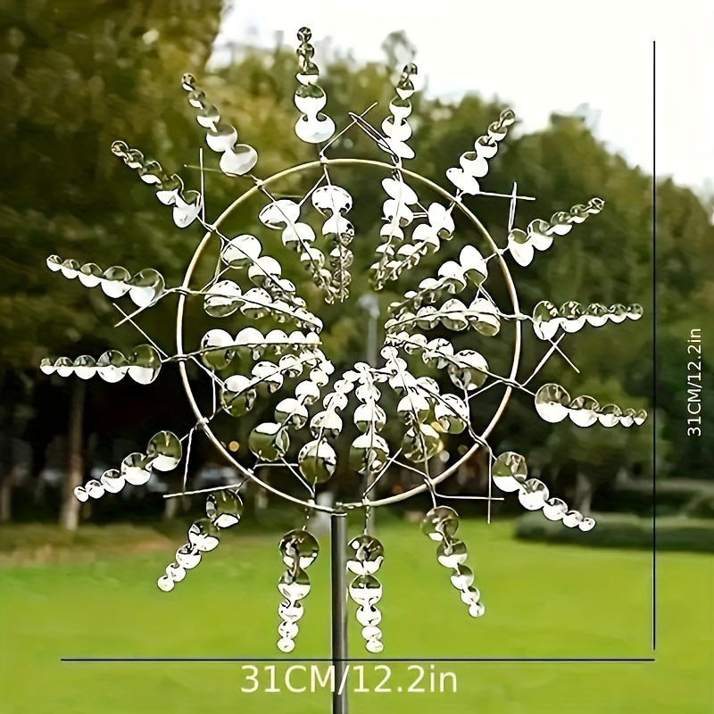 Solar-powered iron wind sculpture with 3D kinetic metal windmill design, ideal for outdoor garden decor.