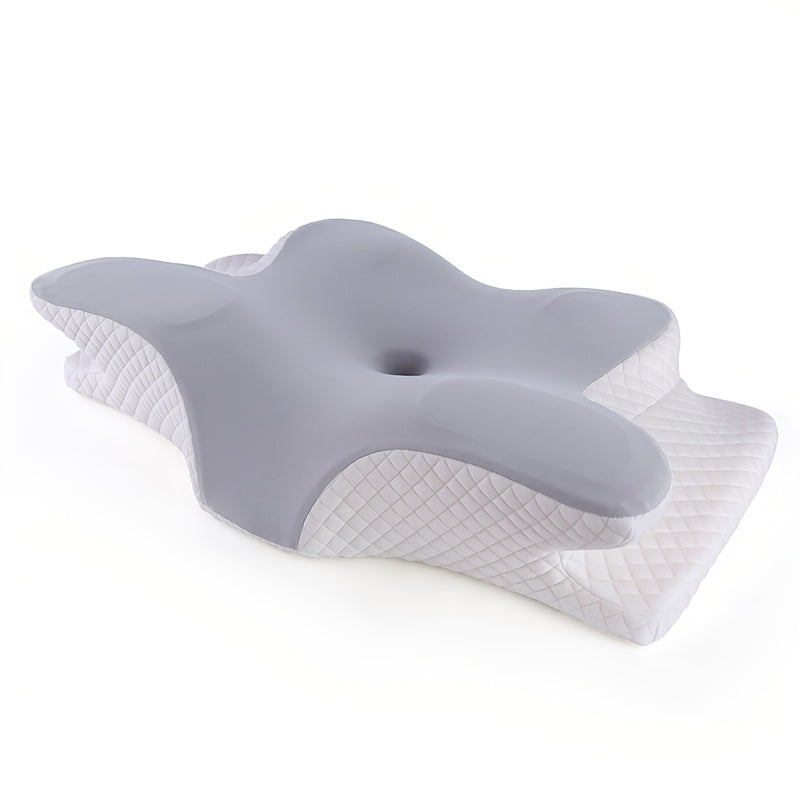 Memory foam Butterfly pillow providing ergonomic cervical spine support for back and side sleepers, with slow rebound and machine washable pillowcase.